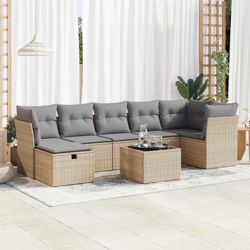 Set di 8 divani da giardino con cuscini, in polyrattan, resistente alle intemperie, per terrazza, balcone, con tavolo, divano, sgabello e vano portaoggetti, lounge per esterni, giardino