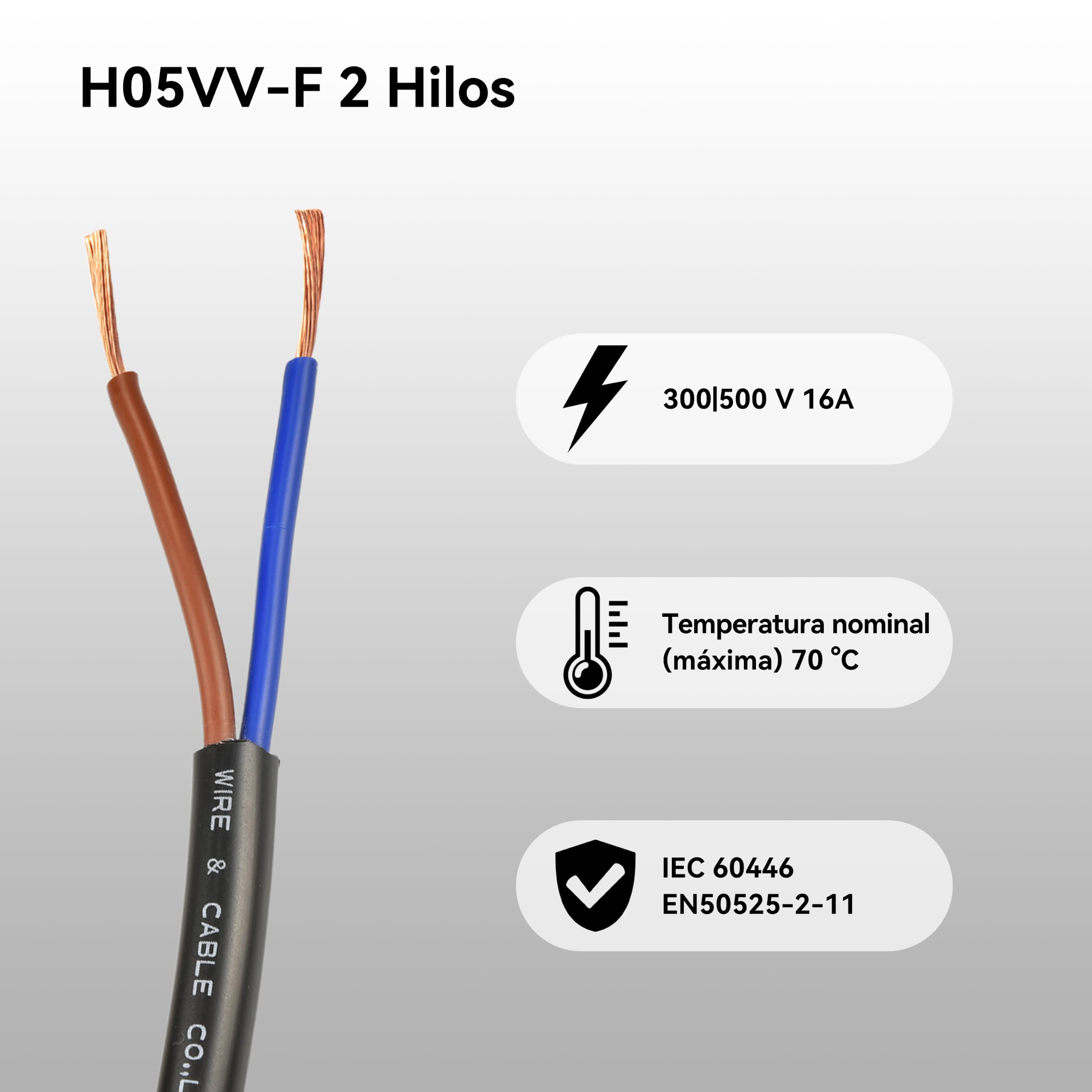 10M H05VV-F 2 Hilos 1,5mm² Cable de Alimentación Negro Flexible PVC