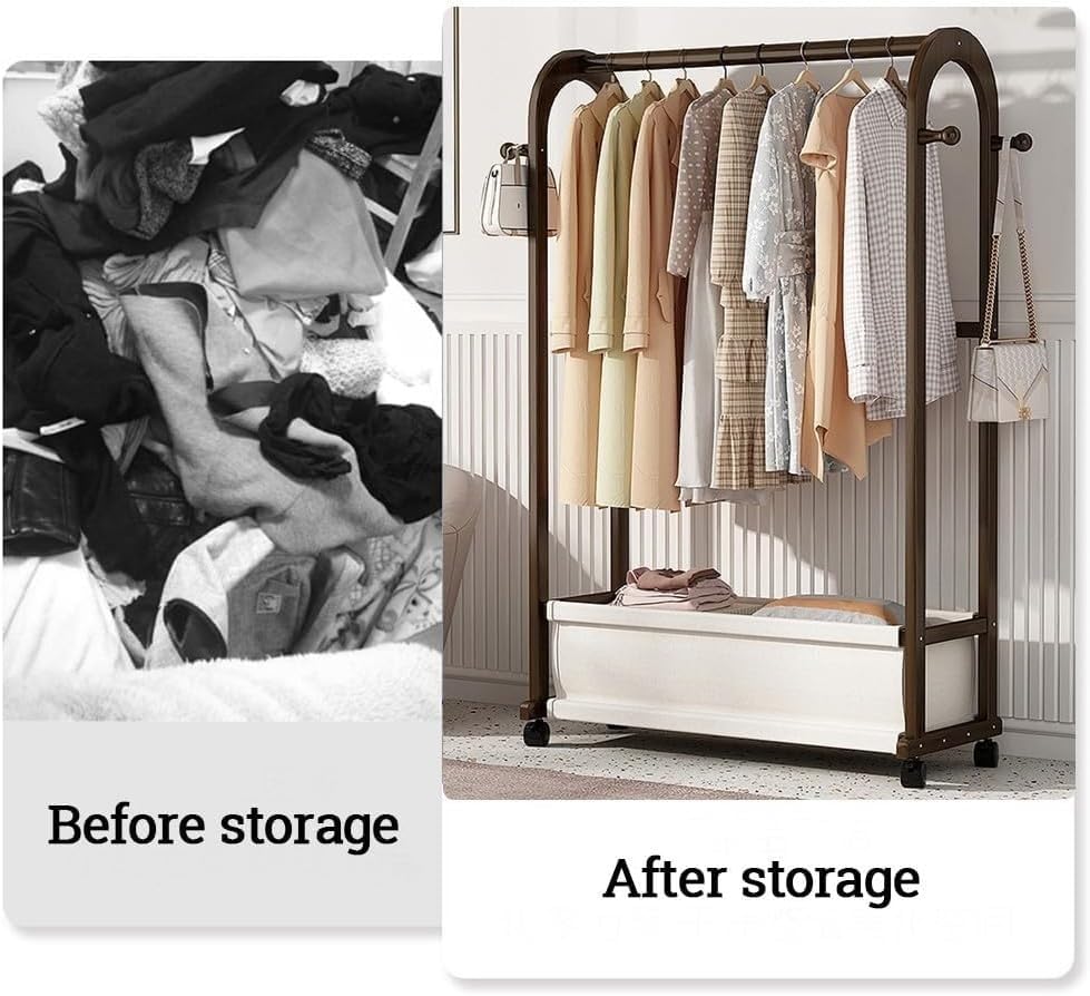 Support à vêtements avec étagères en bois de bambou pour dressing