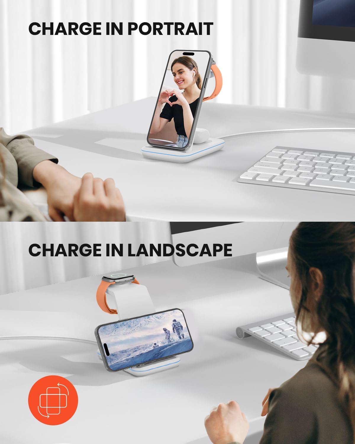GEEKERA Wireless Charger, 3 in 1 Induktive Ladestation für iPhone Air/17/16/15/14/13/12/11/Pro Max, Ladestation für Apple Watch Ultra 3-1/11-2/SE, Kabelloses Ladegerät für AirPods Pro 3-2/4-2, Weiß