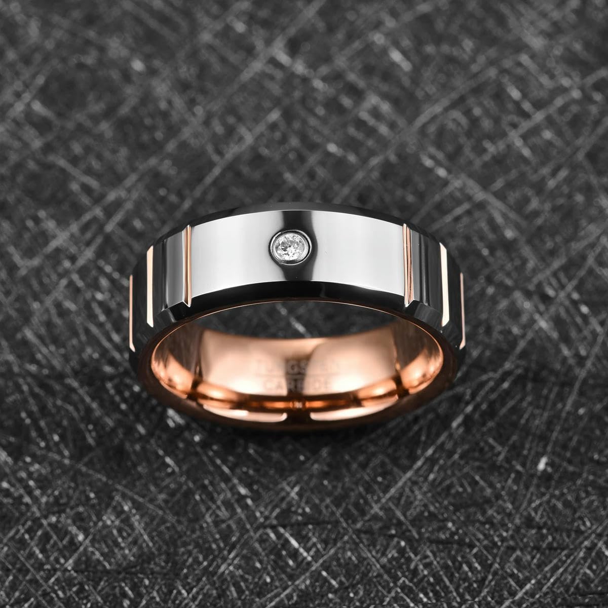 Anillo de Acero de carburo de tungsteno de 8 mm Cúpula Zricon Pulido Anillo de Ranura de Oro Rosa Horizontal para joyería de Boda para Hombres