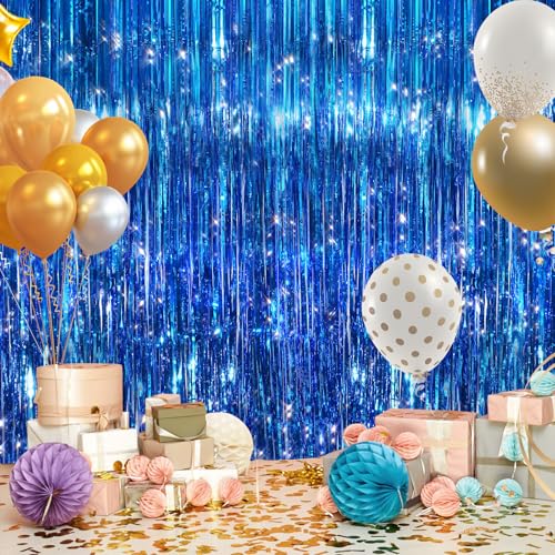 Image of 2Pack Blue Tinsel Backdrop Streamers, GCB Party Streamers Backdrop Foil Fringe Curtains for Wedding Birthdays Bachelorette Bridal Baby Shower, Graduation, Engagement Decors, Gender Reveal, Disco Party
