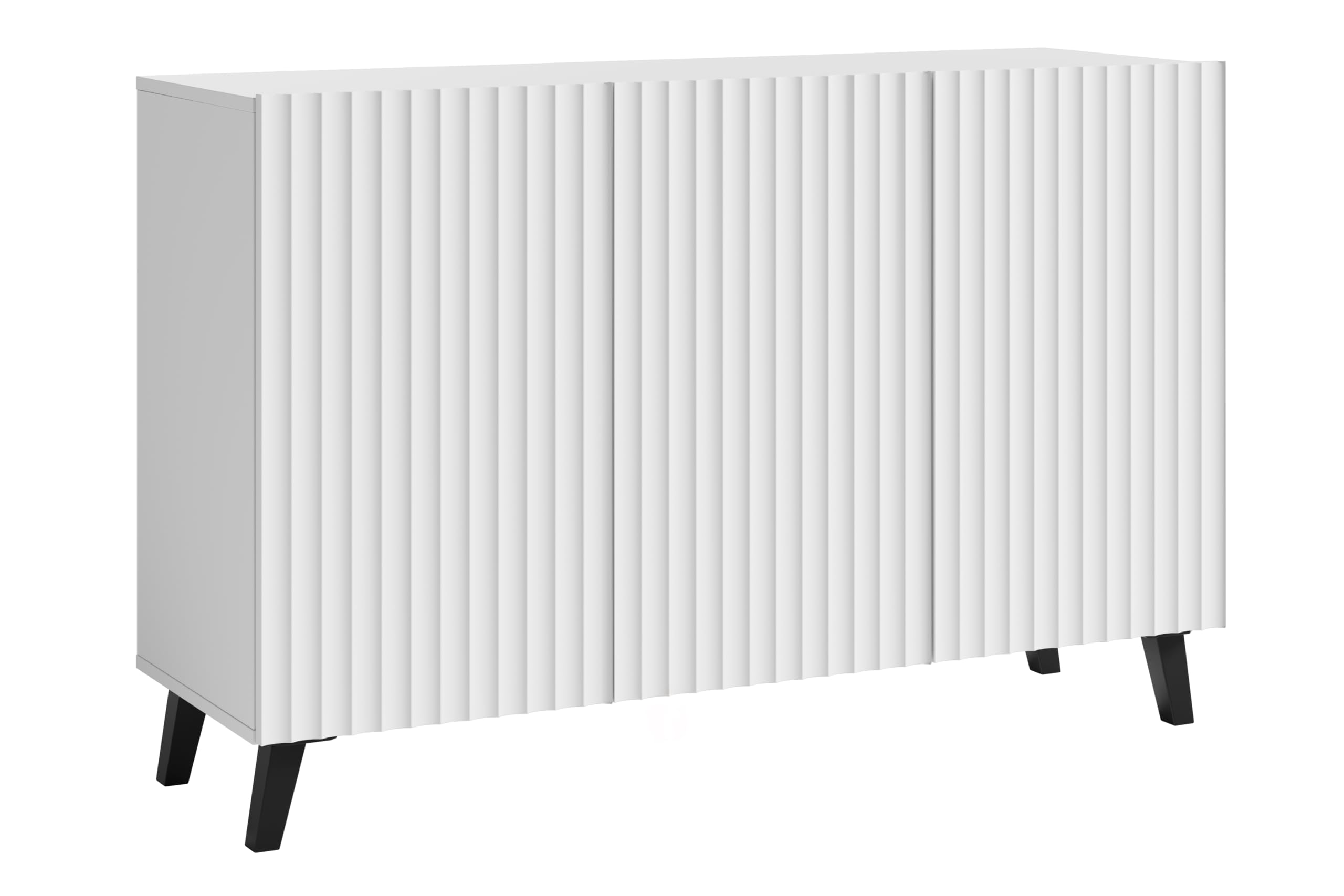Phuket Sideboard 120 cm, Sideboard mit 3 Türen, Kommode mit Beinen, Wohnzimmermöbel, gewellte Fronten, weiß gewellt