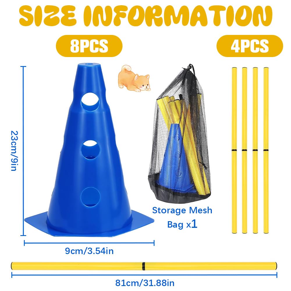 Agility Kit d'obstacles pour Chiens et Enfants, Ensemble de Barrières Enfichables pour Enfants, Parcour pour Sauter, 8 Cônes de 23 cm de Hauteur + 4 Barres de 81 cm de Long, pour Les Exercices