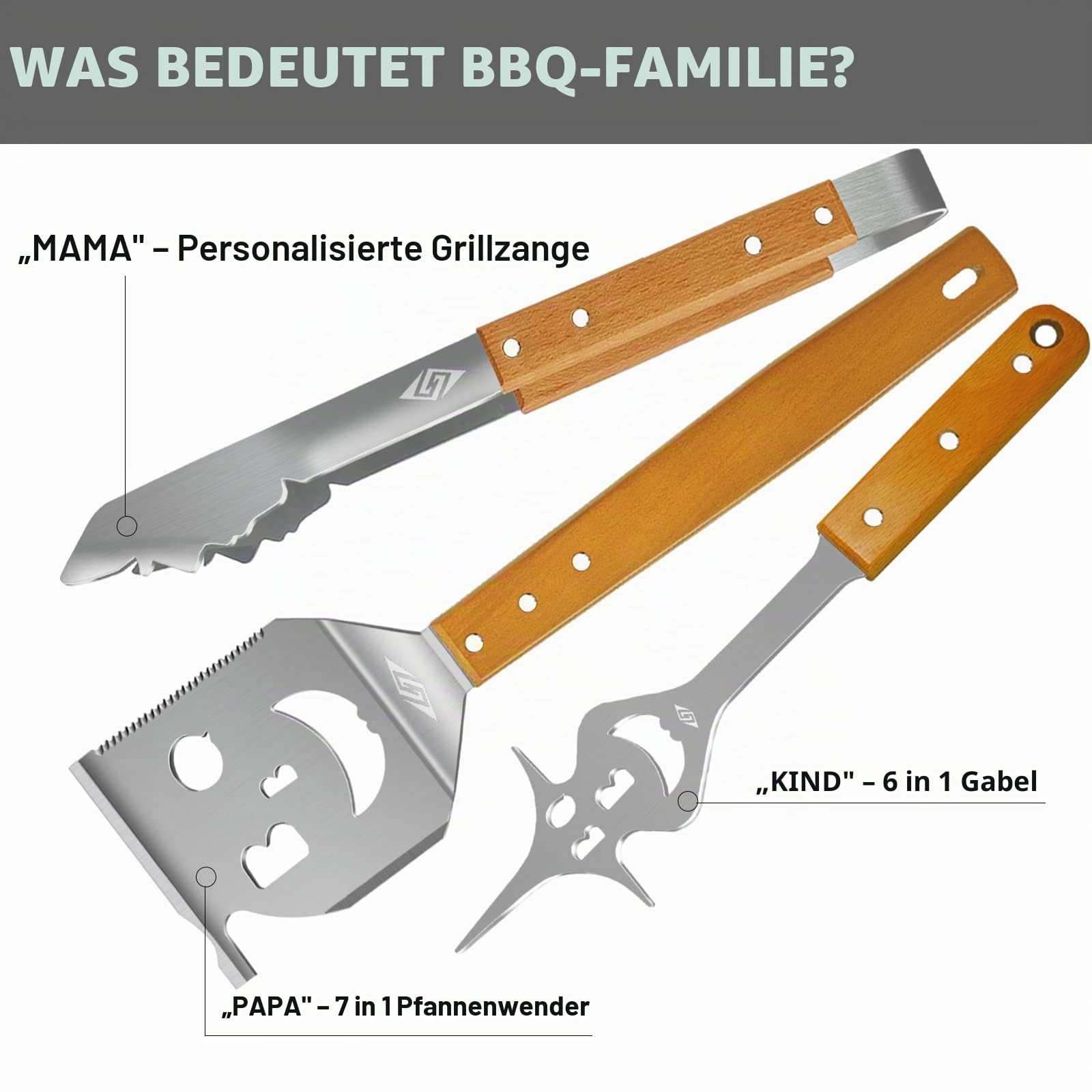 Steven-BULL S Grillbesteck-Set 3-TLG. Extra Langes Grillwerkzeug, Edelstahl Holzgriff, Grillzubehör mit Grillzange, Grillwender, Fleischgabel Extra-Langen Holzgriffen und Aufhänge-Ösen