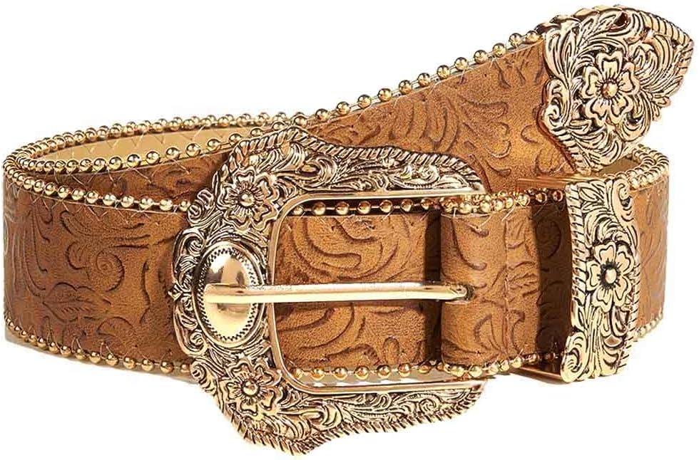 Yalice Brown Western Belt for Women Cowboys Cowgirls Belts Vintage Country Leather Belt with Buckle