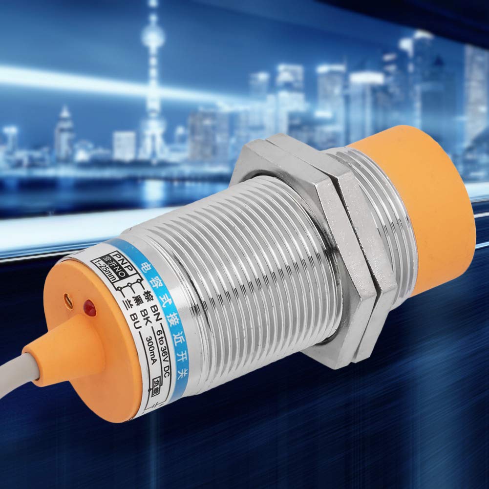 Respicefinem 3-Wire PNP NO Capacitive Proximity Switch 25mm Accurate Detection Wide Voltage Temp Range Dielectric Substance Sensor for Machine Tools and Metallurgy Industries