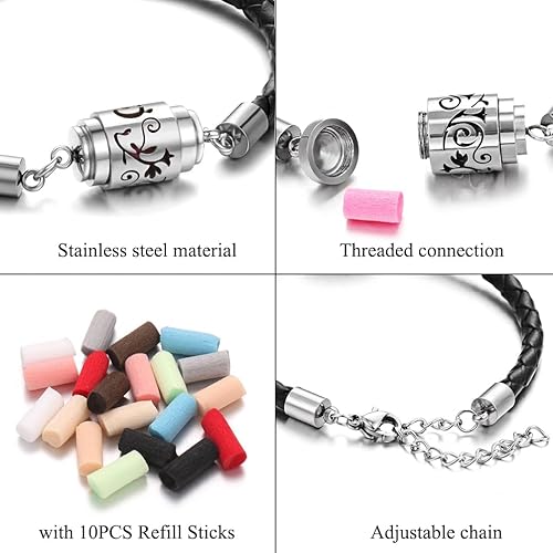 Miniatura 7 de Pulsera difusora de aceites esenciales de aromaterapia de acero inoxidable 316L pulsera de aroma ajustable de cuero con 10 varillas de repuesto