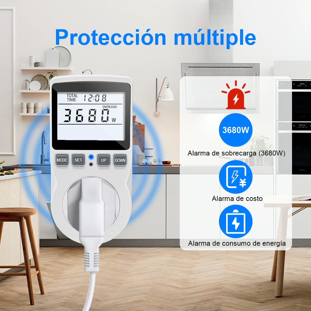 KETOTEK Medidor de Consumo Electrico, Monitor de Electricidad con Pantalla LCD Retroiluminada, Enchufe Medidor Consumo Energía 11 Modos, Protección contra Sobrecarga 3680W
