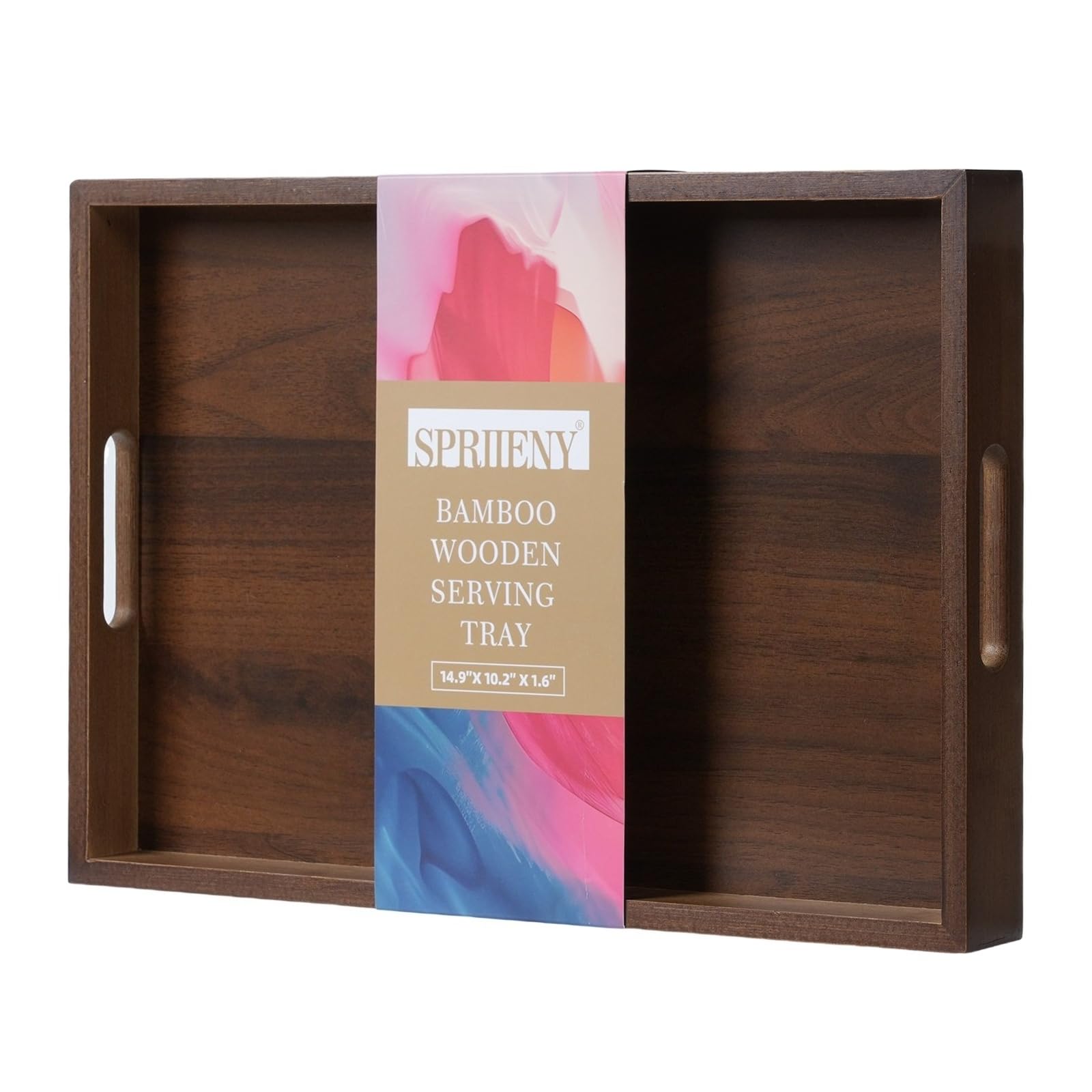 Bandeja grande de madera de bambú con asa, rectangular de madera maciza natural, color nogal negro. Adecuado para almuerzo, cena, café, bares de fiesta. (14.9 x 10.2 x 1.57 pulgadas)