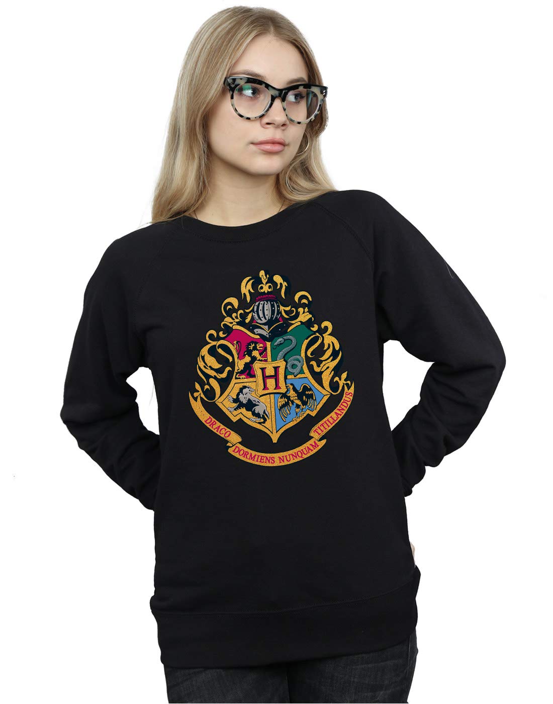 Absolute Cult Women's Black Harry Potter Hogwarts Crest Gold Ink Sweatshirt Small