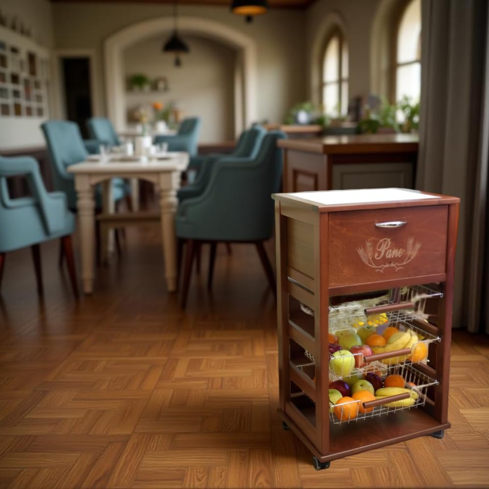 MA MAISON Carrello Salvaspazio in Legno dimensioni 85x49x39 cm - da Cucina, Piano d'appoggio Multiuso, 3 Cestini Contenitori, 1 Cassetto, Portapane, Portafrutta, 4 Ruote - Made in Italy (Noce)