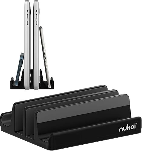 Soporte vertical para laptop SPACEMax Soporte de escritorio de aluminio con 4 ranuras de silicona con 4 ranuras, soporte de doble muelle, 2 ranuras