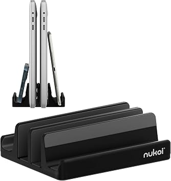 Vertical Laptop Stand - SPACEMax Adjustable GRIPLock Anti-Tip Silicone 4 Slots Aluminum Desktop Holder - Double Dock Stand - 2 Phone Slots Fits Up to 17.3 Laptops, Tablets, Phones - Black