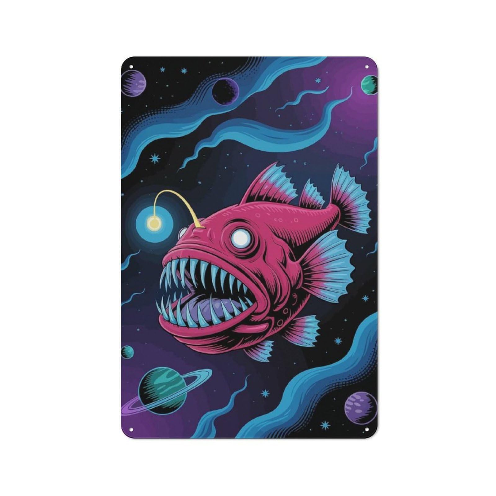 Junmoney Cosmic Anglerfish Illustration Tin Wall Plaque 30X20cm With For Bar Or Restaurant, Housewarming Wall Decor For People Furnishing Bar And Restaurant
