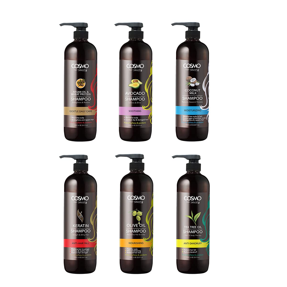 CD COSMO DESIGNS Hair Naturals Shampoo 1000ML - PACK OF 6 ASSORTED VARIANTS - Gentle Daily Care - Soothing - Moisturizing - Anti-Hair Fall - Nourishing - Anti-Dandruff
