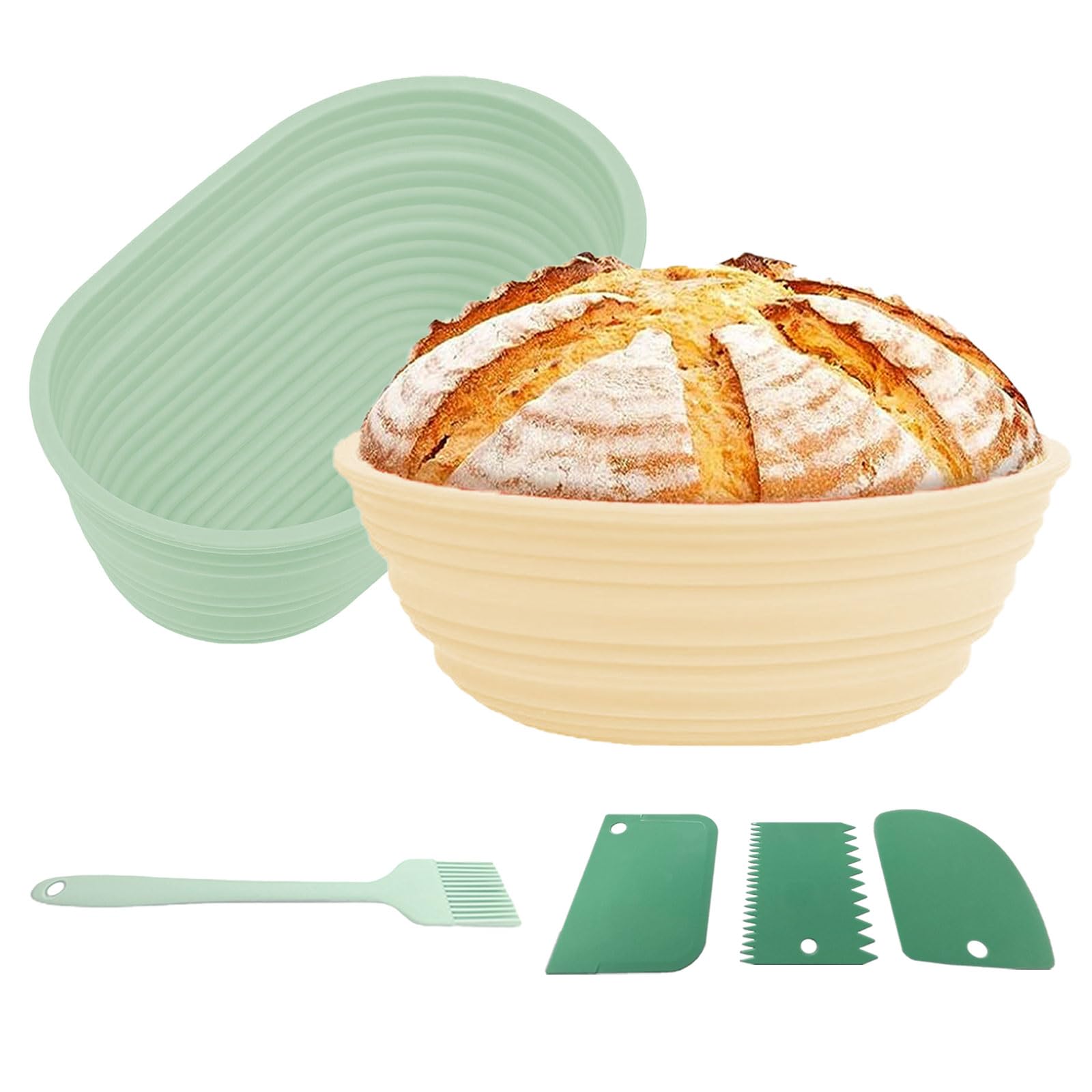 Lot de 6 Banneton pour Pain Kit, Corbeille a Pain Rond 22cm et Ovale 26cm en Silicone, Panier à Pain Pliable avec 3 Spatules et Brosse à Huile, Kit Boulangerie Panier Fermentation pour Boulangers (A)