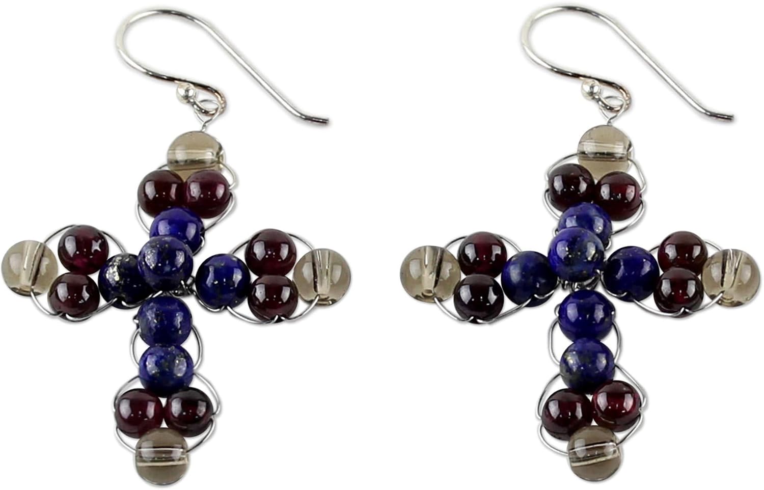 NOVICA Artisan Handmade Lapis Lazuli Garnet Dangle Earrings Cross from Thailand [1.8 in L x 1.1 in W] ' Cross of Hope'