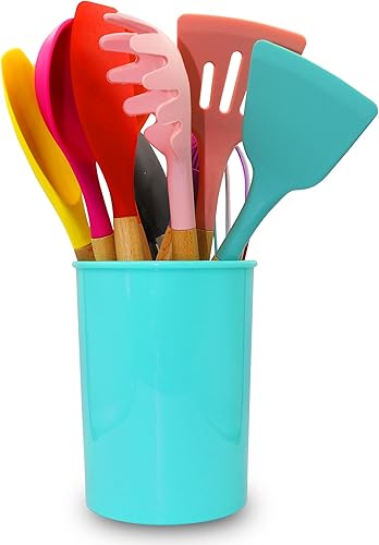 Cheer Collection Juego de espátulas de silicona de 12 piezas con asas de madera, utensilios de silicona antiadherentes para cocinar, multicolor