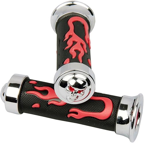 Agarraderas de goma con llama 3D roja con tapas de calavera 3D compatibles con Honda Shadow Sabre 1100 2004