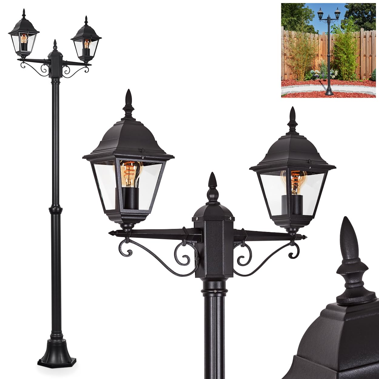 Lampa zewnętrzna drogi Hong Kong, lampa ścieżki z metalu/szkła w kolorze czarnym/przezroczystym, kandelabr o antycznym wyglądzie, wysokość maks. 220 cm, oświetlenie ogrodowe IP44, 2 x E27, bez żarówki