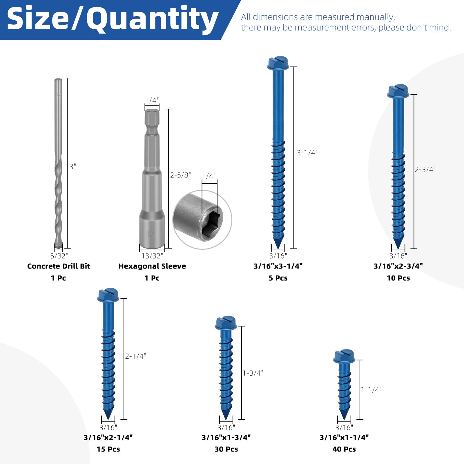 Glarks 102pcs 3/16 x 1-1/4 1-3/4 2-1/4 2-3/4 3-1/4’’ Slotted Hex Washer Head Concrete Screws Anchor Kit - Image 2