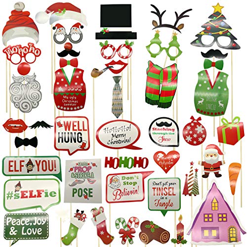 2020 Christmas Party Photo Booth DIY Props On A Stick Kit,Pack of 47 Pcs,Selfie Prop for New Year