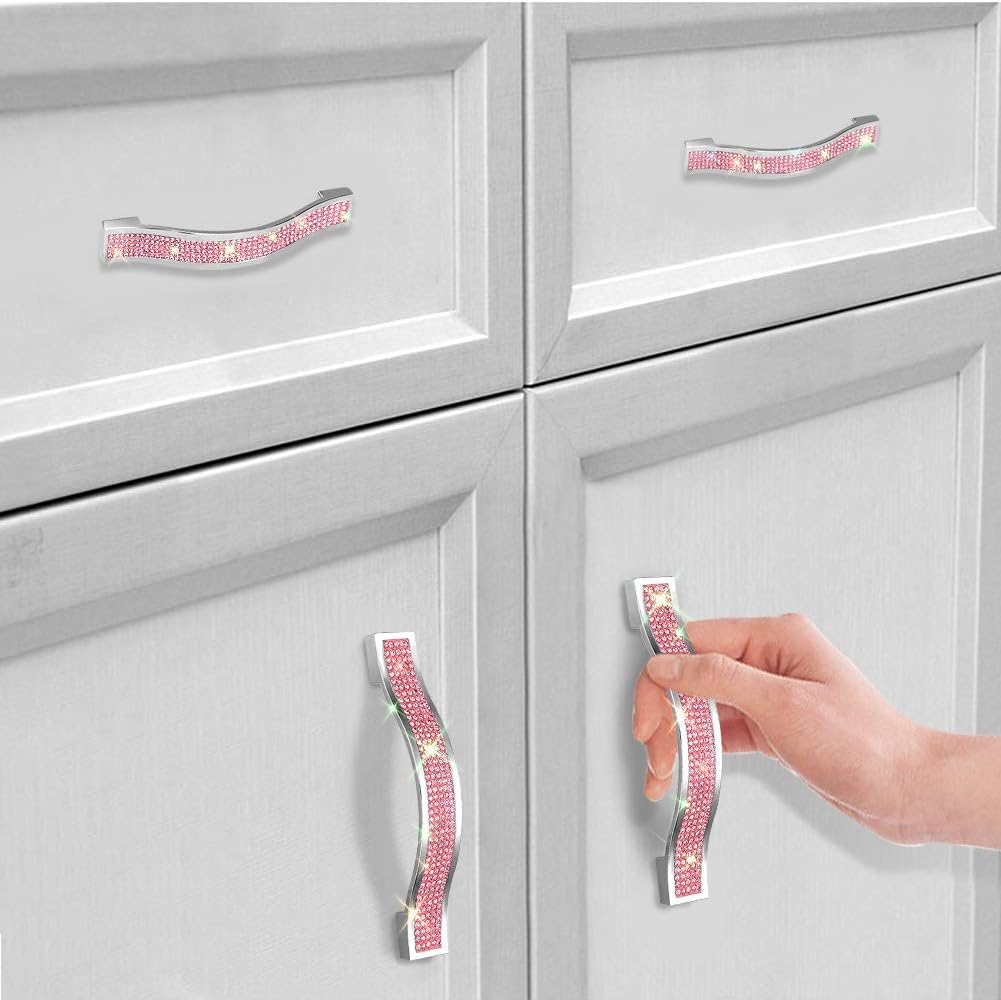 Otostar 6 Pack Drawer Cabinet Pulls with Screws Bling Crystal Door Knobs Pulls for Dresser Wardrobe Kitchen Cupboard Bedroom Bathroom Furniture Pull Handles (110mm, Pink)