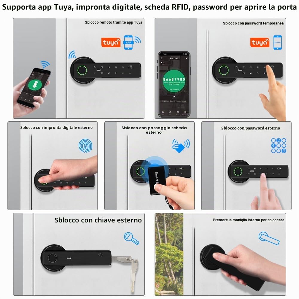 Smart Door 5-in-1 Lock Maniglia Porta Elettronica con Tastiera Password WiFi TUYA Smart Lock con Improntata Biometrica Digitale RFID IC Card Touch per Casa Ufficio Appartamento