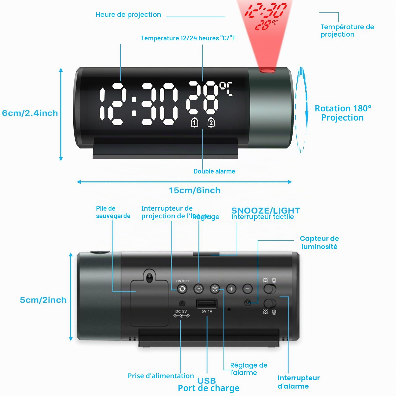 Reveil Projecteur Plafond, Horloge Digitale Projecteur 180°,Réveil Projection avec Température, Snooze, Mode Nuit, Affichage 12H/24H,Luminosité Réglable, Horloge Numérique pour Chambre, Bureau