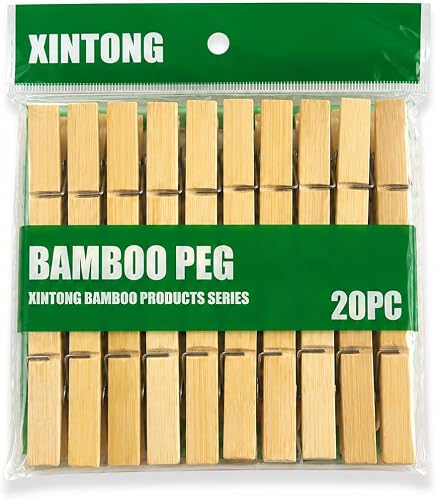 Bamboo Pegs, 20 Pieces, Natural Wood Clothespins