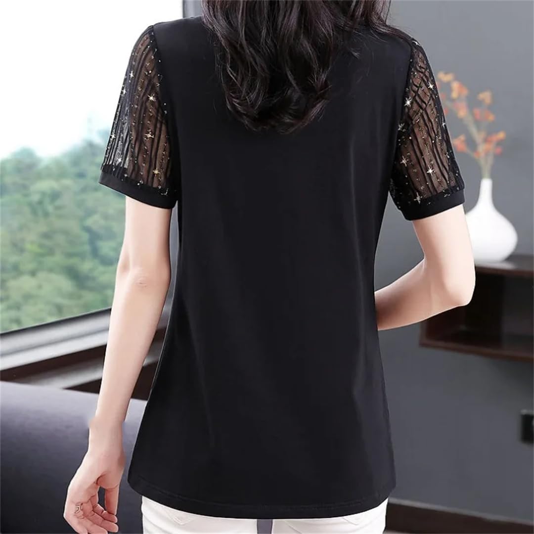Maglietta da donna estiva casual a maniche corte con scollo rotondo in rete traforata con paillettes patchwork top allentato
