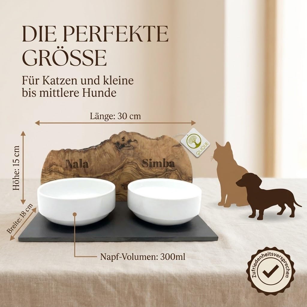 Futterstation personalisiert, Olivenholz - Futterbar mit Gravur und 2 Fressnäpfen für Katzen und Hunde