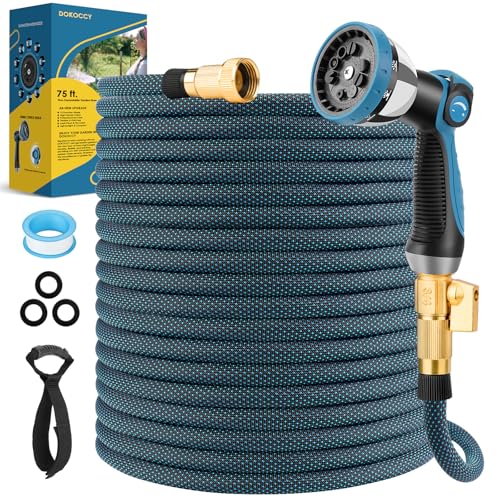 DOKOCCY Non-Expanding Garden Hose 75 ft, Flexible Water Hose with 10 Function Spray Nozzle, Lightweight Hose Pipe, Leak-Proof, Durable, Kink-Resistant, 3/4 Inch Connector, Portable Storage Strap