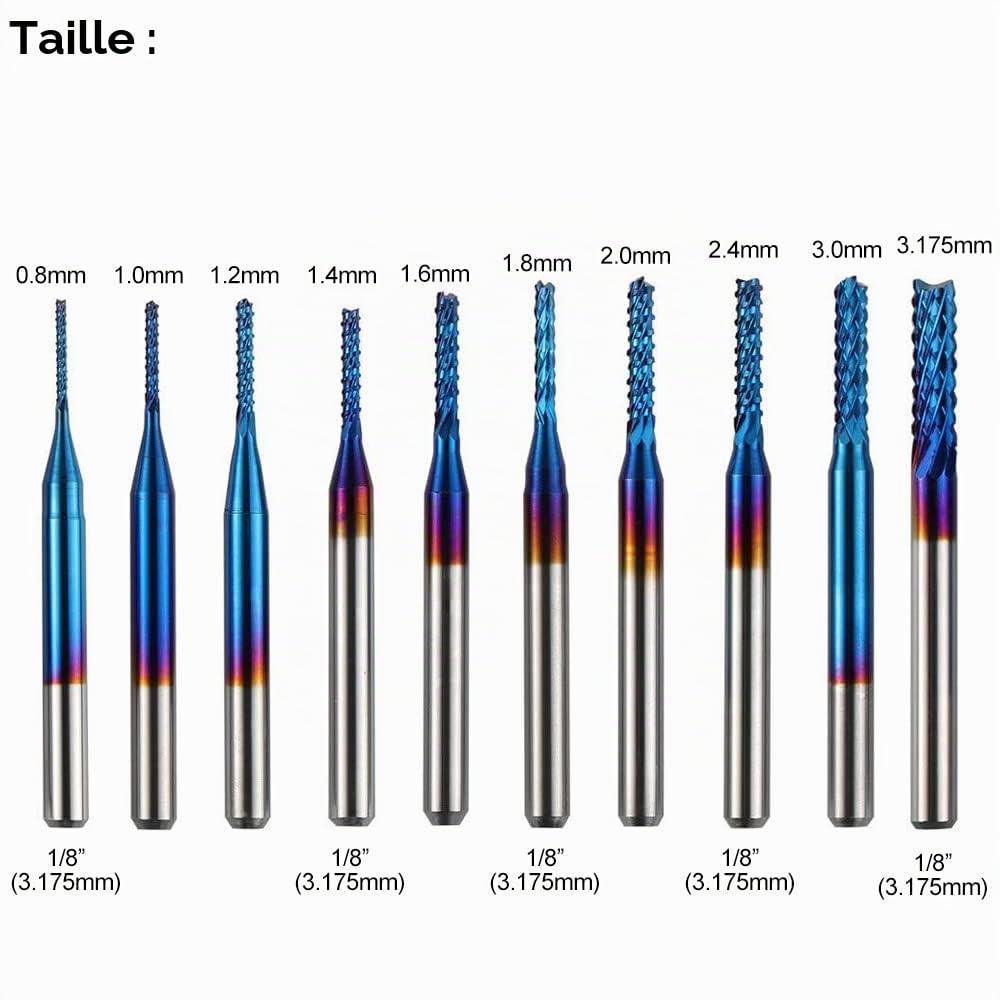 ASNOMY Lot de 20 fraises à bout CNC 0,8-3,175 mm avec tige de 1/8", fraises CNC Outils de forets pour plastique, aluminium, circuits imprimés, bois