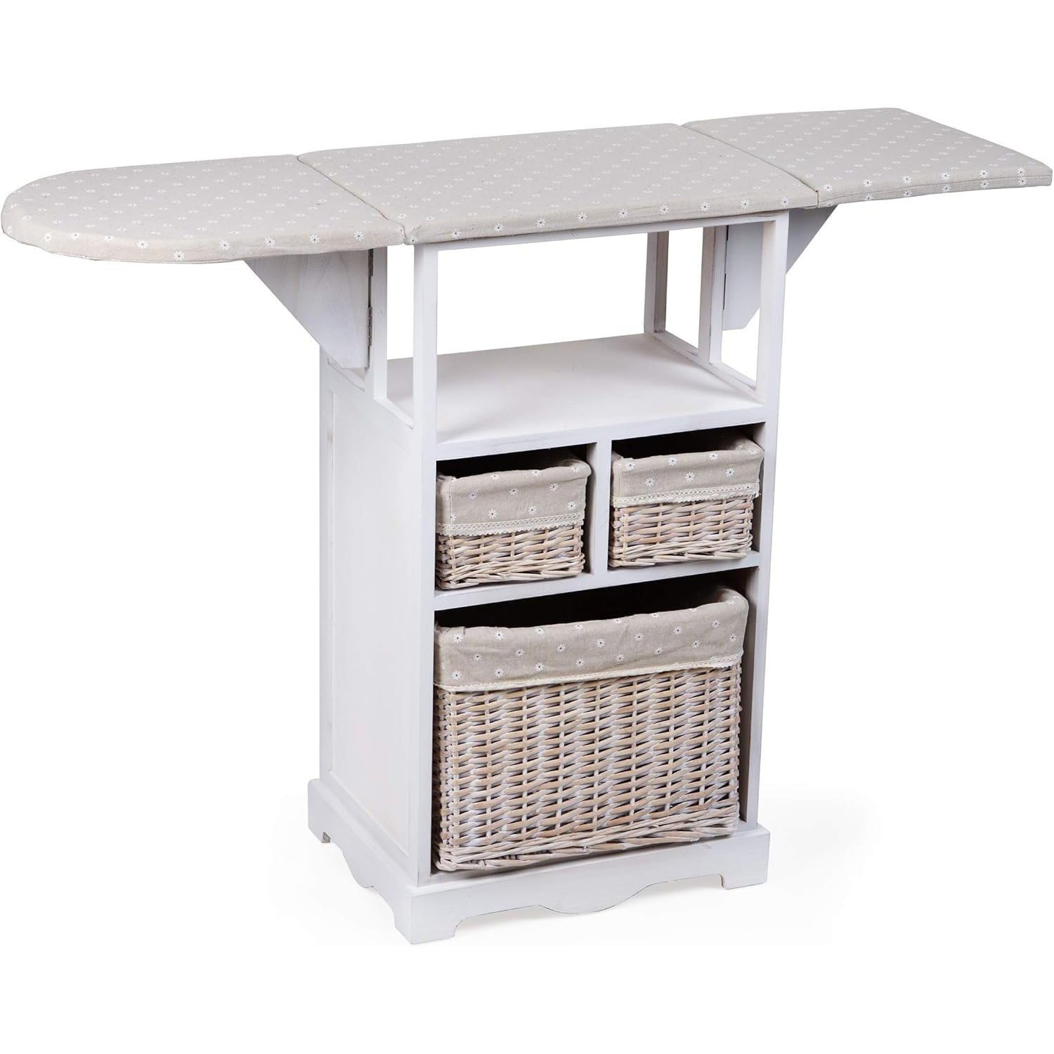 Mobile da Stiro con Asse ripiegabile e 3 Cesti in Vimini foderati con tessuto stampato con fiori margherite 54X36X86 cm