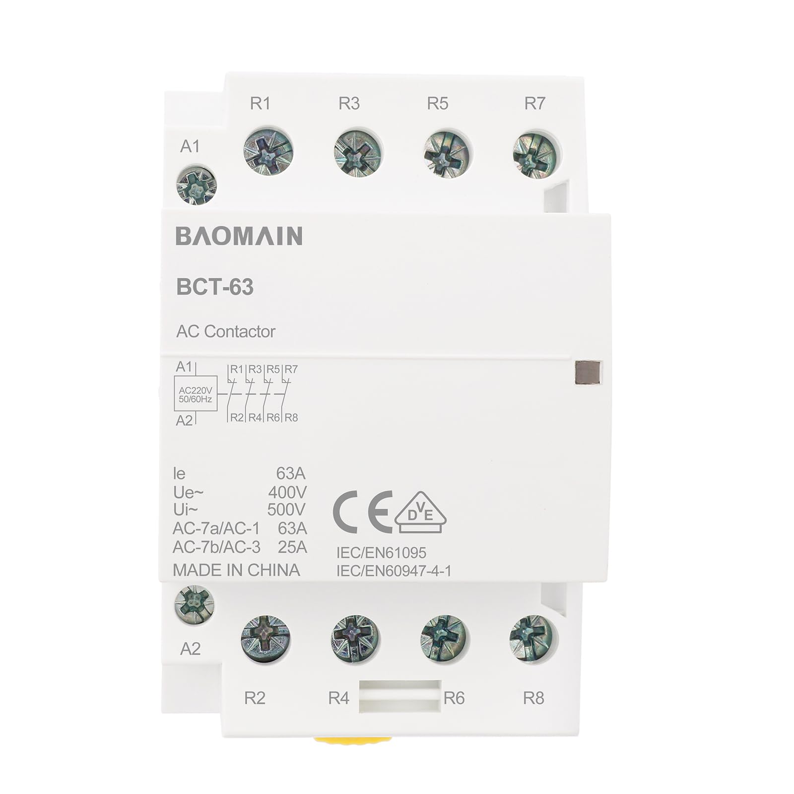 BAOMAIN Installationsschütz 230V 63A 4-polig 4NC (4 Öffner), Brummarmer Hausschütz für 35mm DIN-Schiene, VDE zertifiziert, Lastschütz für Sicherheitsabschaltung, BCT-63