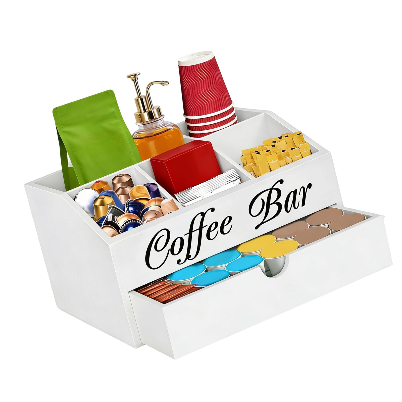 Kaeltsyn Stylish Black Finish Coffee Accessories Tray Designed for Neatly Storing Cups Spoons and Creamers Wooden Coffee Jar Holder
