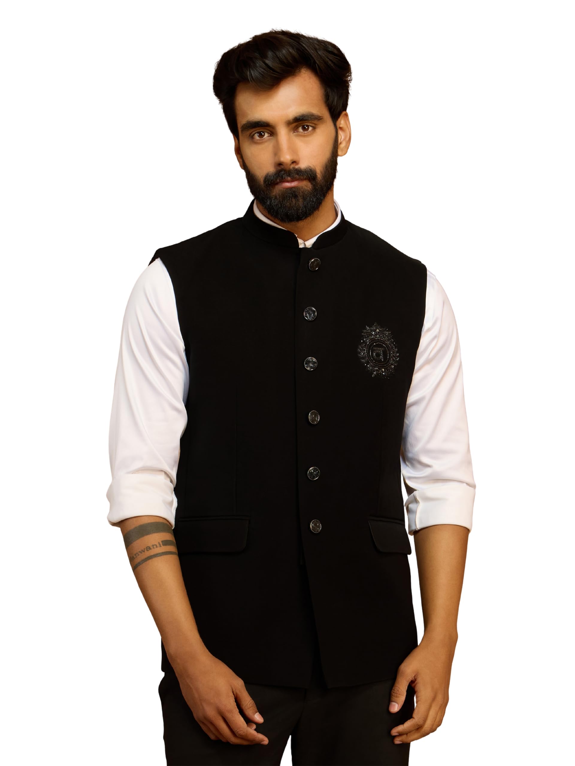 vastramay Men Black Silk Bead Embroidered Ethnic Motif Nehru Jacket | Wedding Festive Outfit-picture-10