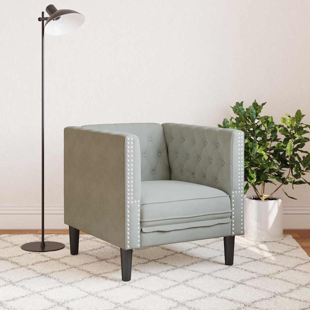 Divano in velluto grigio chiaro 74,5 x 71 x 70,5 cm con rivestimento a bottoni e braccioli rotondi per soggiorno, salotto, camera, ufficio, arredamento relax e comfort