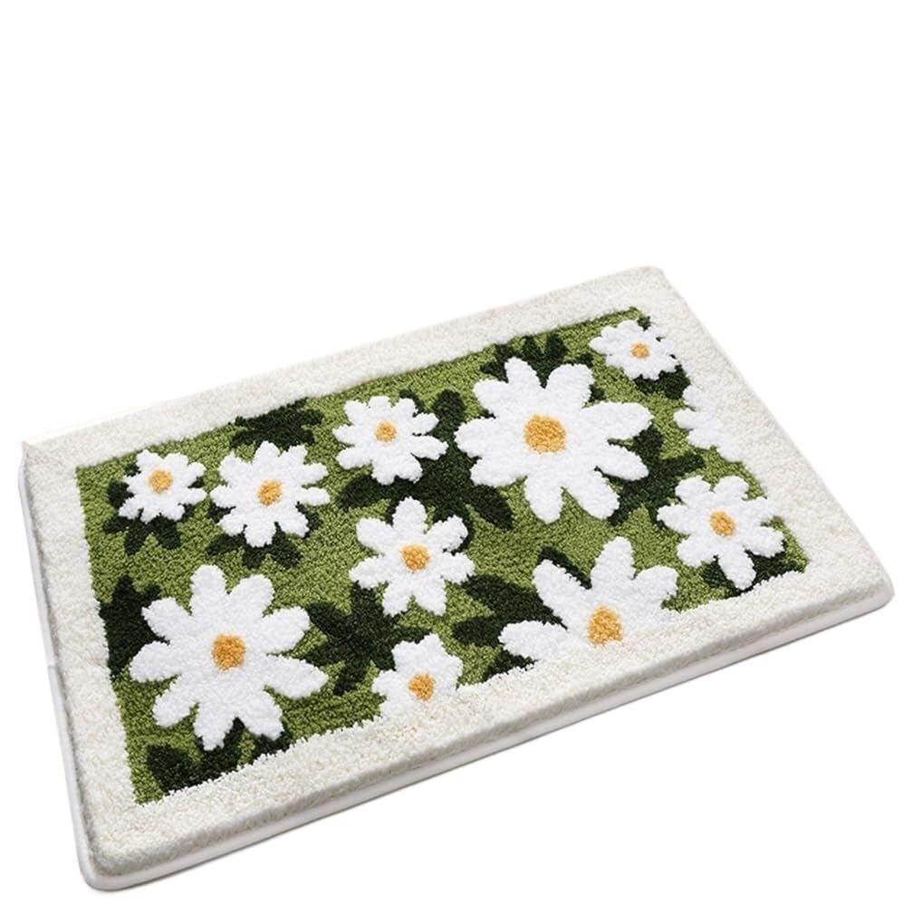 Tapis de bain absorbant contre les sols mouillés motif fleur vert