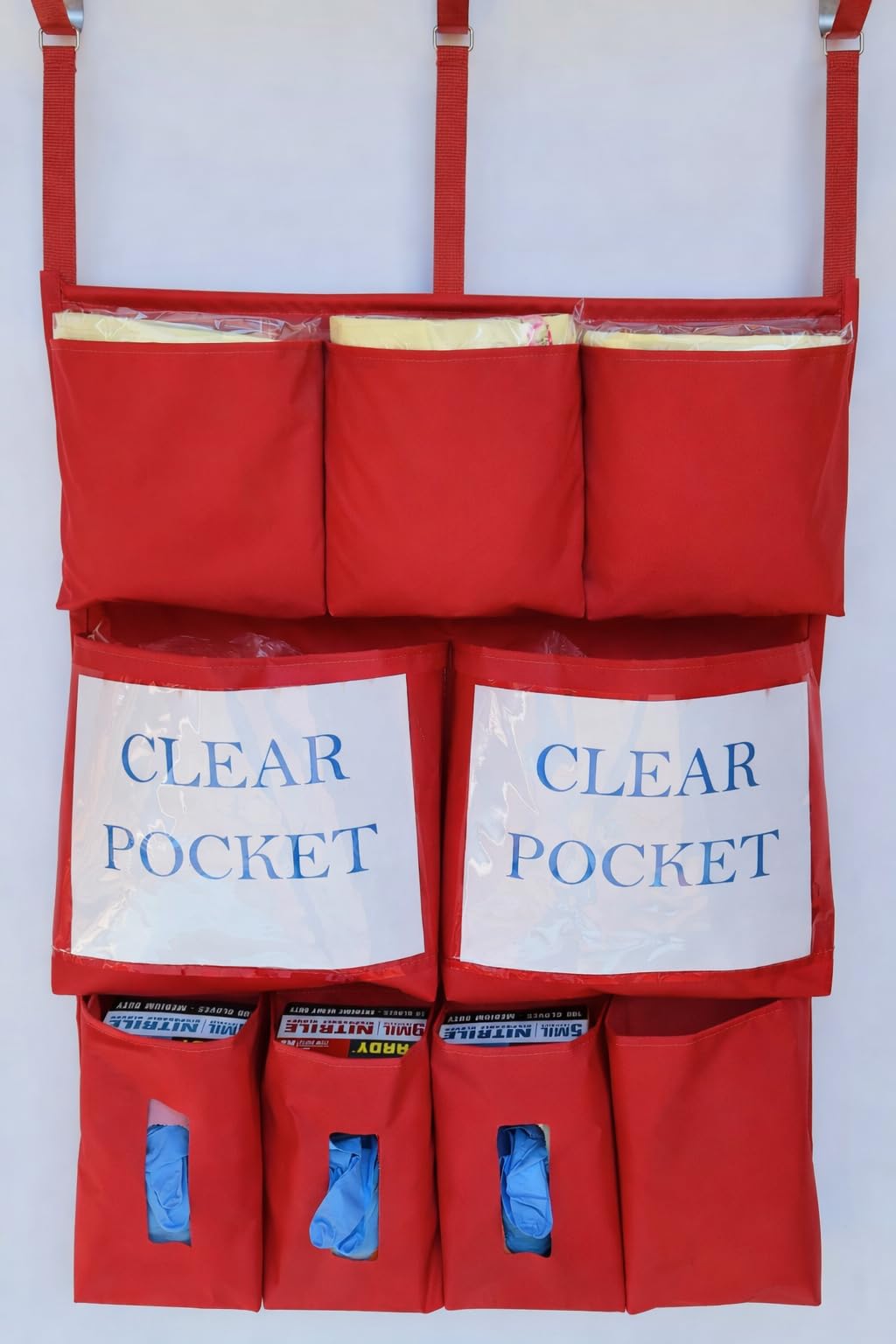 It's Sew EZ Personal Protection Equipment (PPE) Isolation Door Caddy - 9 Pockets - NFPA-701 Fire Retardant Nylon Oxford with Three Stainless Steel Hooks included (Red, Large 9 pockets)