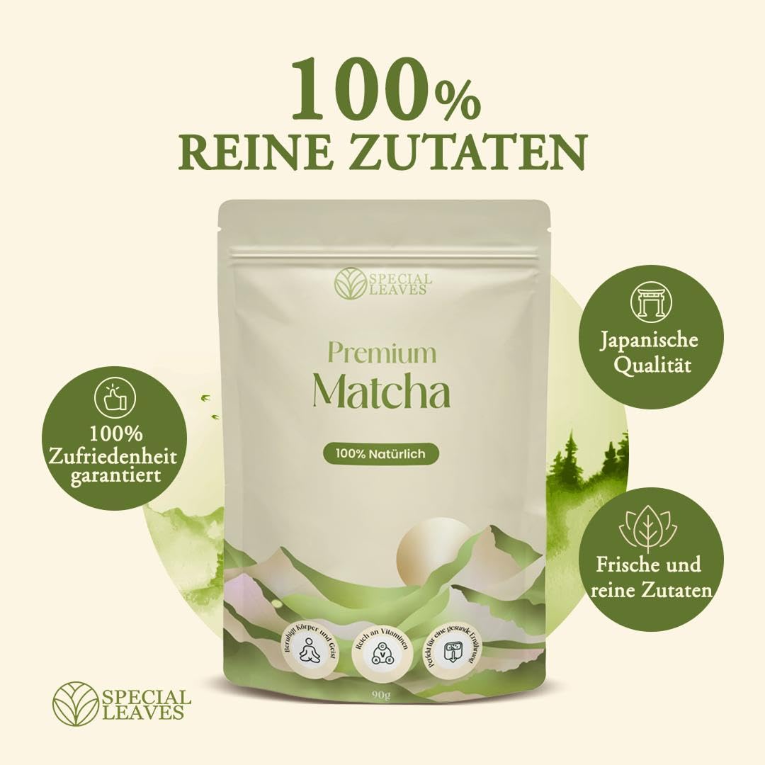 Matcha Pulver & Matcha Besen - 90g -100% Natürlich & Fein Gemahlen Tee und Bambus Besen mit 100 Borsten - Premium Zubehör von Special Leaves