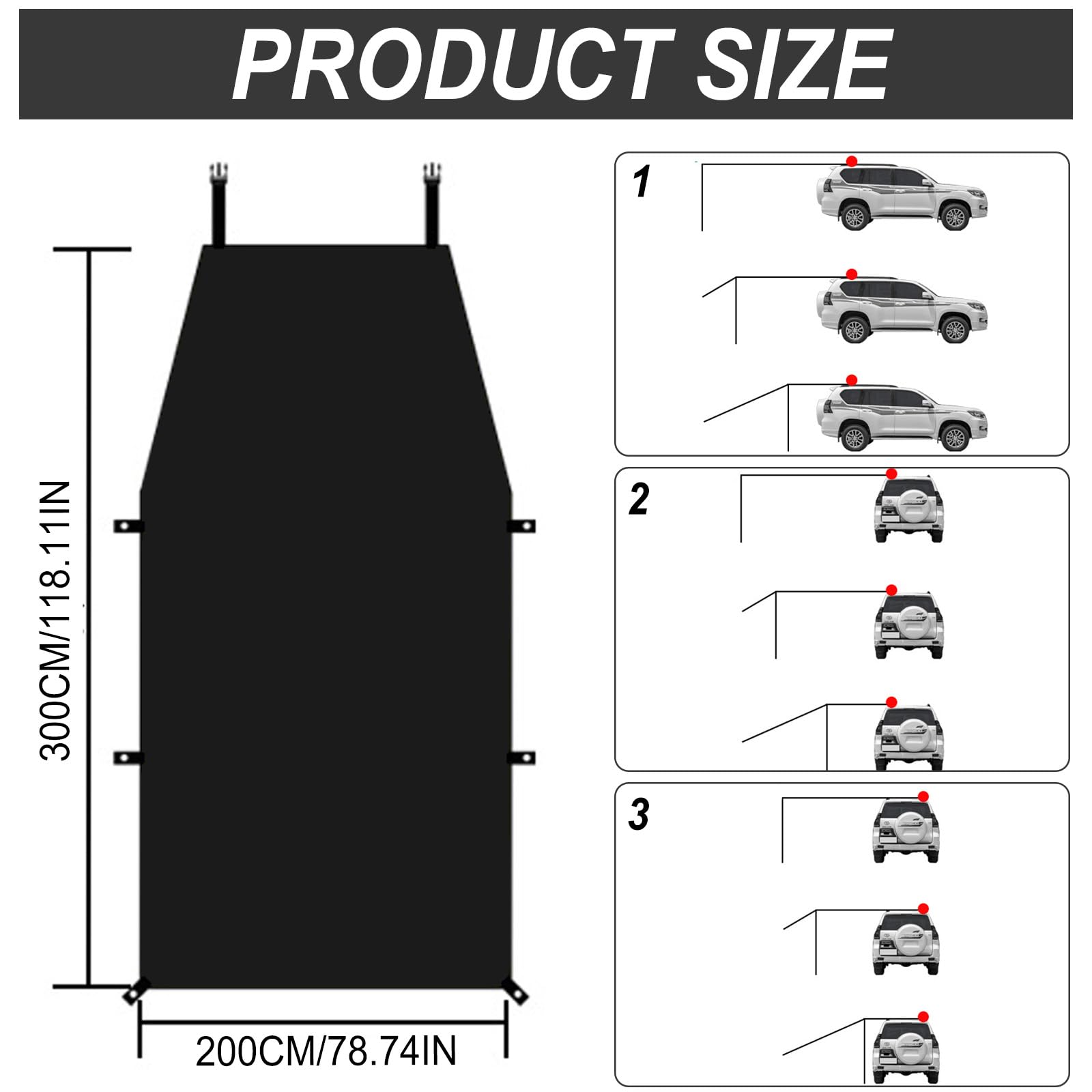 Toldo de coche, toldo trasero, 300 x 200 cm, toldo impermeable, tienda de campaña, para camping, techo solar, con protección UV, tienda de campaña para coches, todoterrenos, autocaravanas
