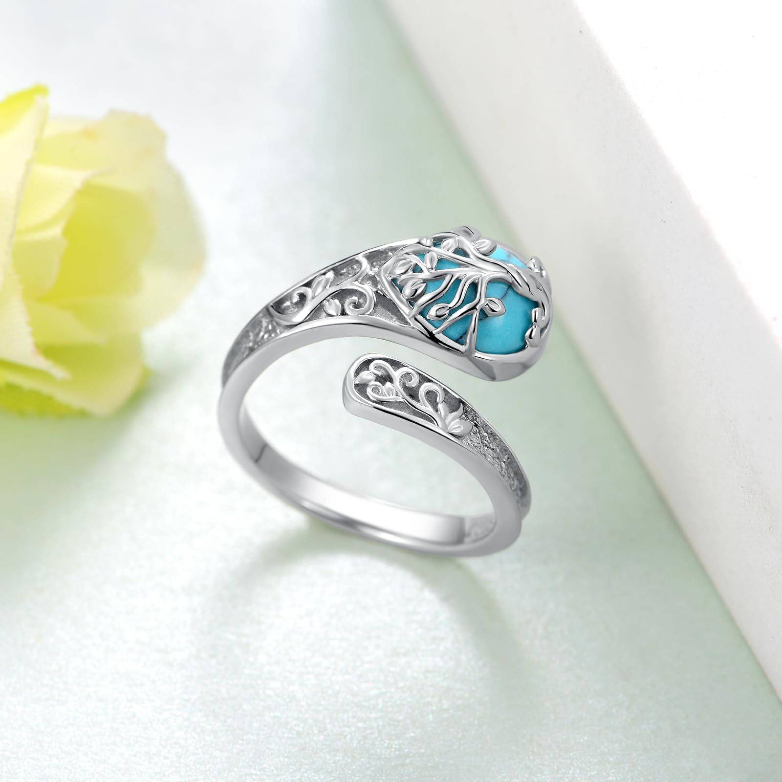 925 Sterling Silber Türkis Lebensbaum Löffelring für Frauen – Löffelring Vintage, Türkis Schmuck Geschenk für Frauen und Männer