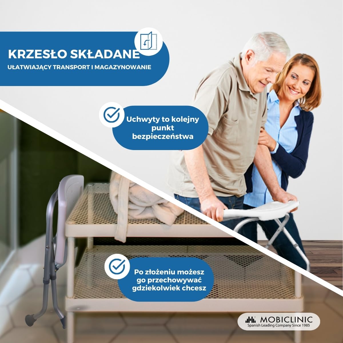 Mobiclinic, Delta krzesł prysznicowe, Składany taboret prysznicowy, Z regulacją wysokości, Ergonomiczne siedzisko, Antypoślizgowy