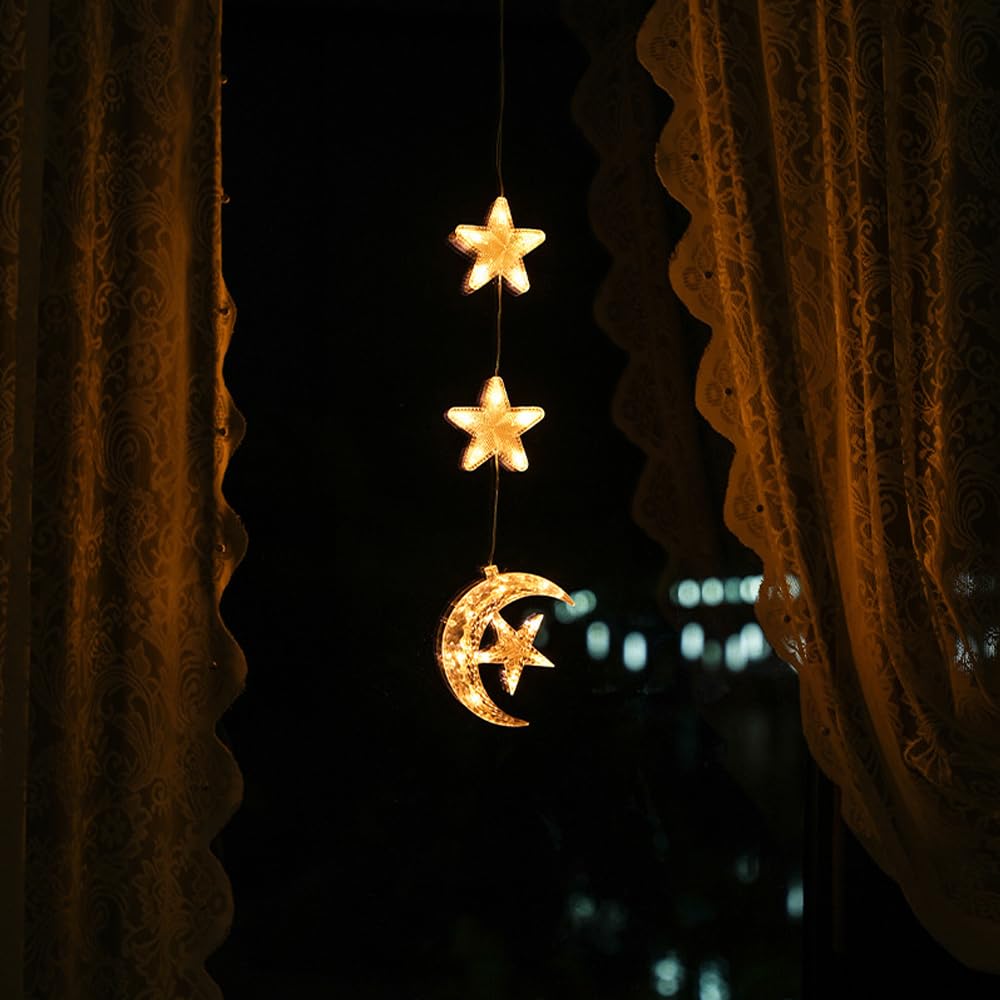 Keqin LED Window Suction Cup Light Hanging Ornaments Pendant Lights Battery Powered Window Decorations Lamps for Home Wedding Holiday Christmas Party (Star Moon)