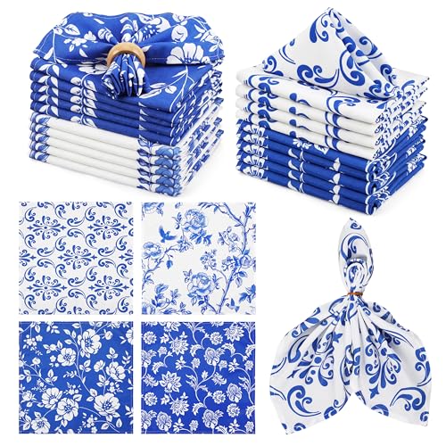 24 Pcs Blue Floral Cloth Napkins, 15x15 Inch White and
