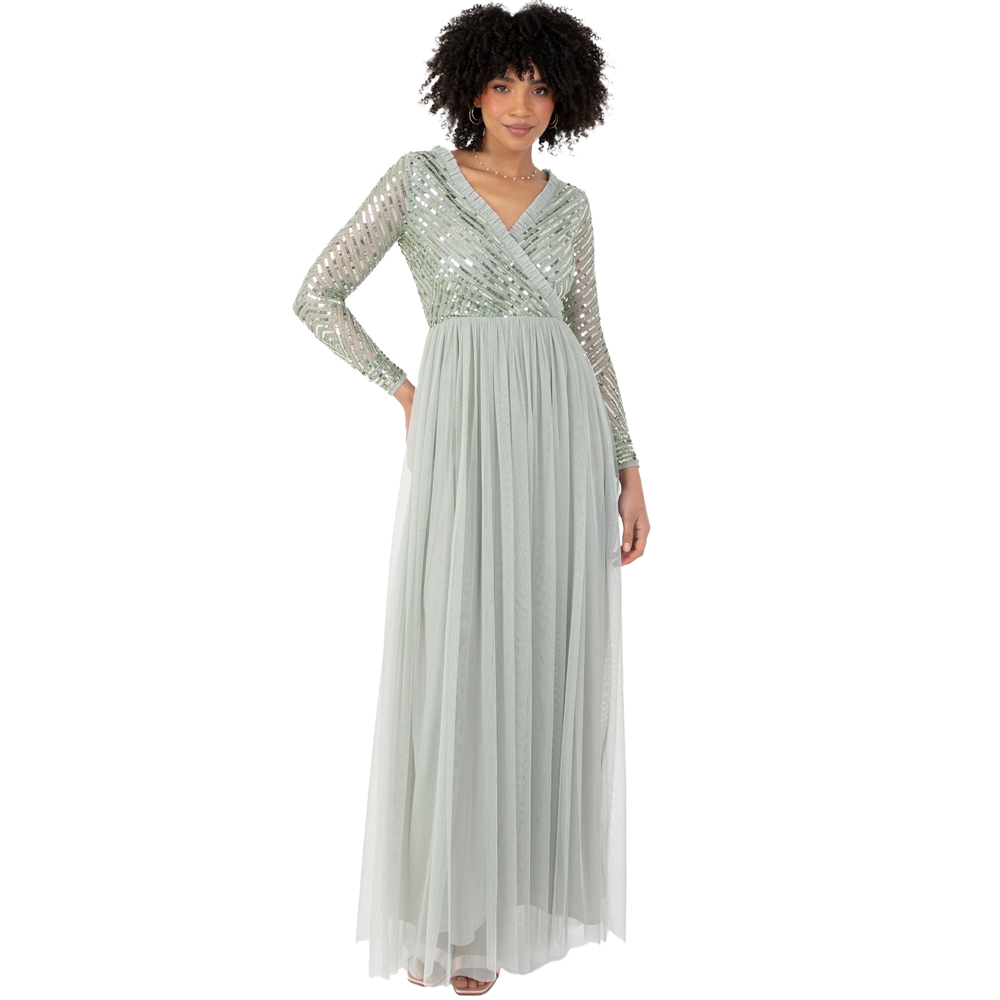 Maxi-jurk voor dames, verfraaide wikkeljurk, tule ruches V-hals lange mouw voor bruiloftsgast bruidsmeisje prom baljurk, groene lelie, 6, Groene Lelie, 32