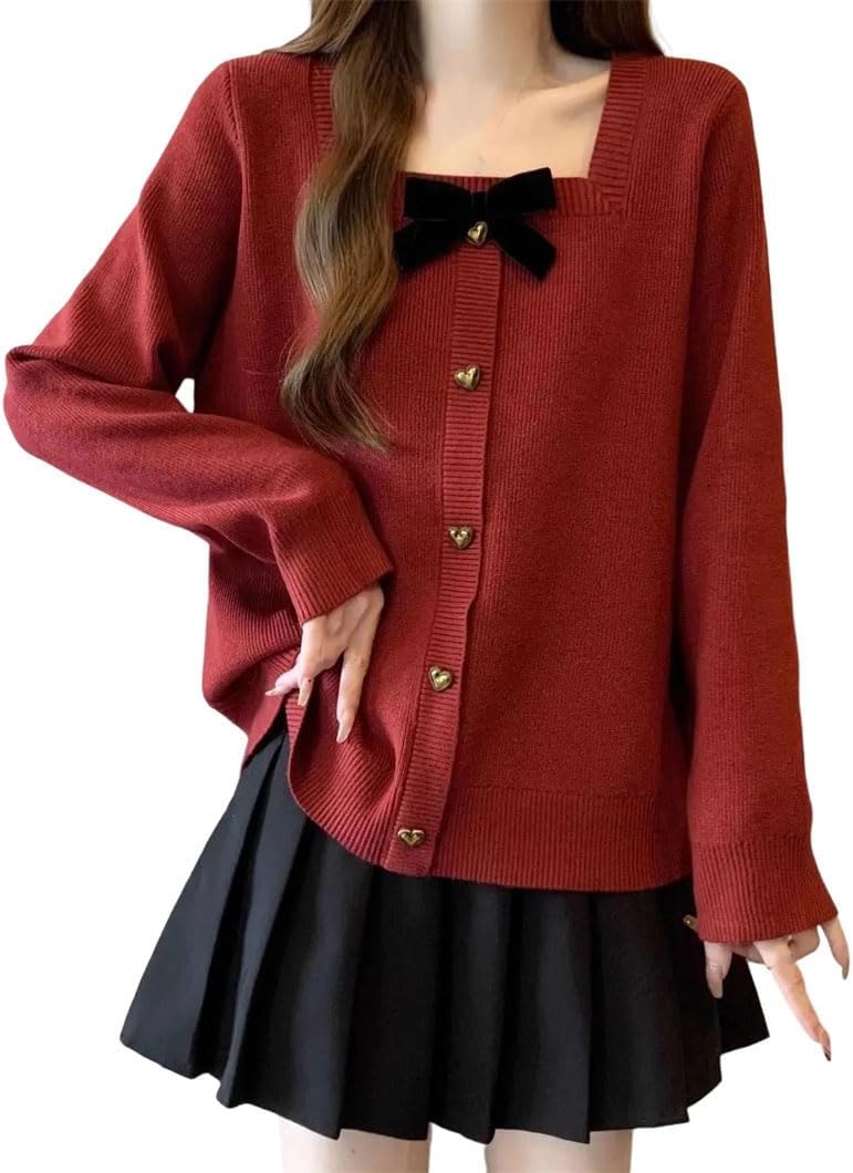 Women's Bow Decor Fall Winter Sweater Loose Square Collar Long-Sleeved Base Top